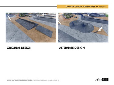 Concept Design Alternatives:  (Street element) of transition area, original on left and alternate on right