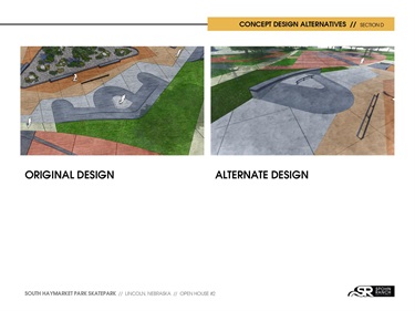 Concept Design Alternatives:  (Street element) of transition area, original on left and alternate on right